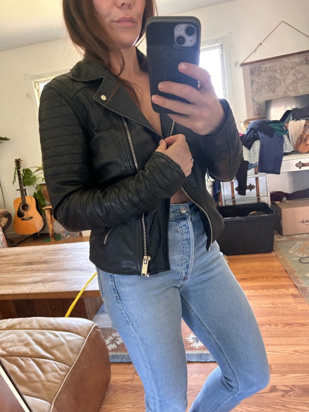 River Island Black Quilted Moto Leather Biker Jacket bomber M 8 fitted
